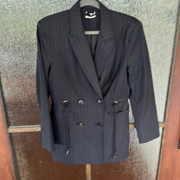 CO Blazer Jacket Black Pinstripe Wool Blend Tie Waist Pockets Size L - Picture 9 of 11